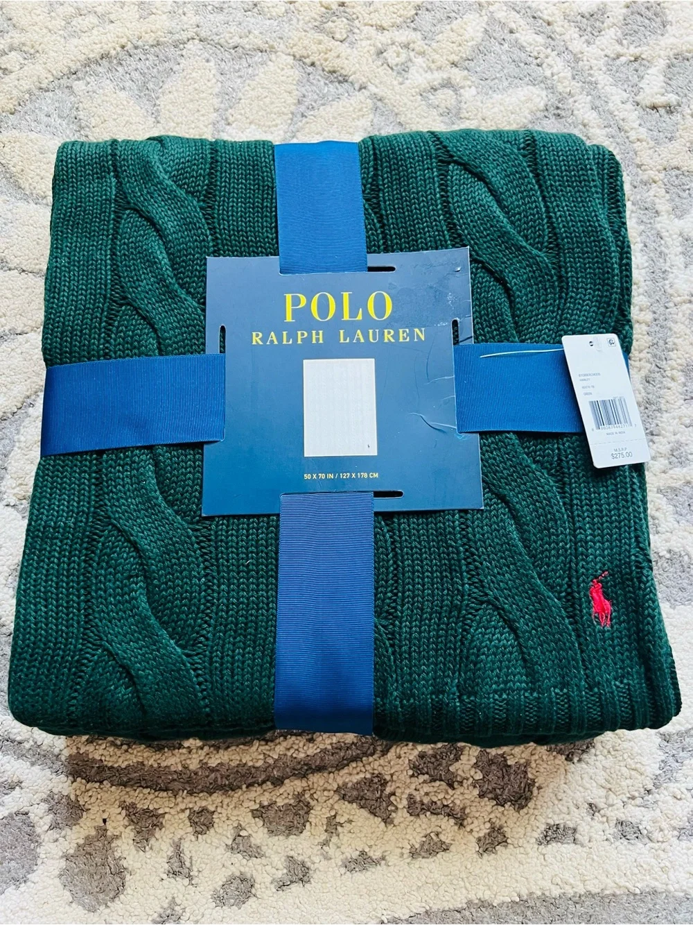 NEW❤️Ralph Lauren Cotton Forest Green Cable-Knit Blanket